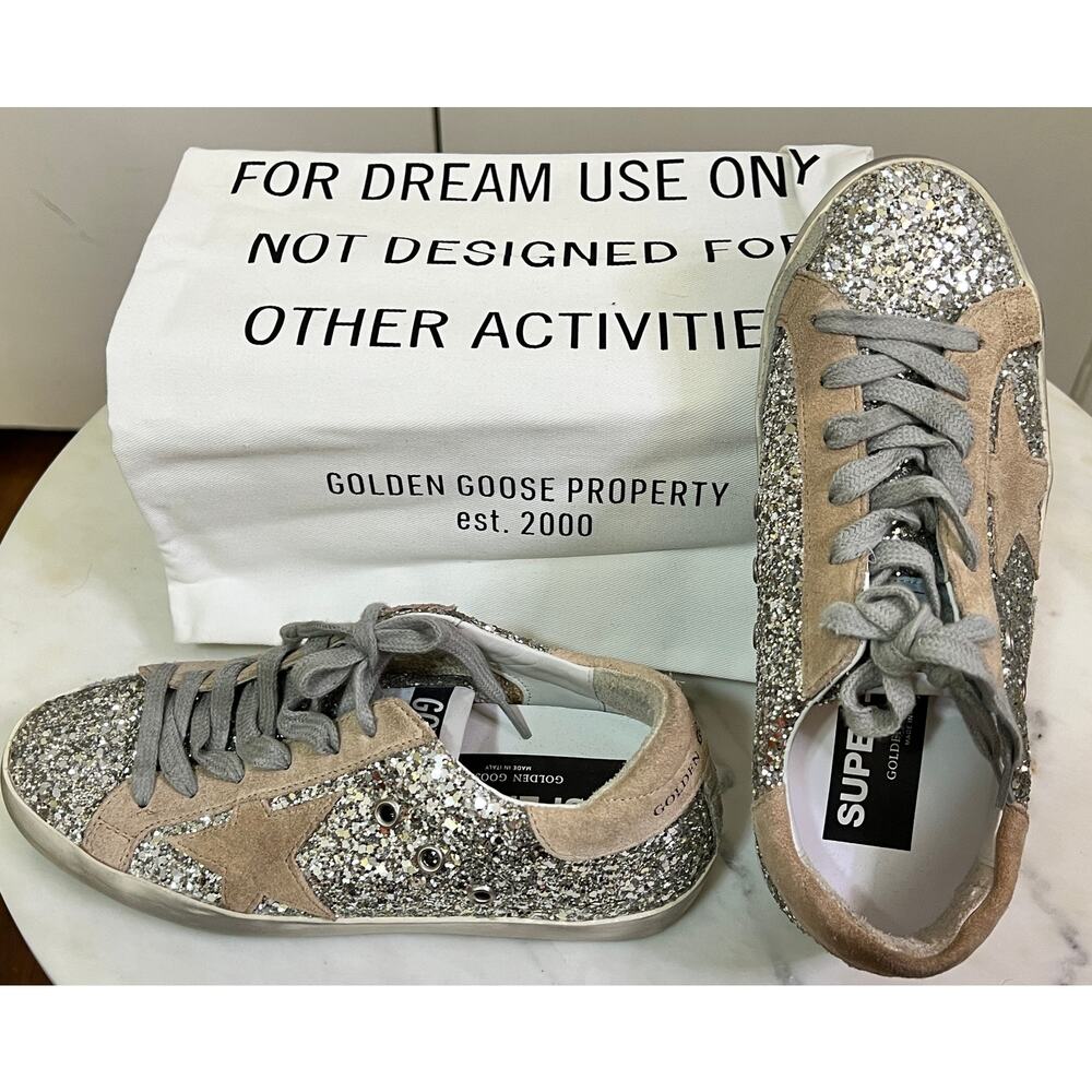 NWT GOLDEN GOOSE SUPERSTAR GLITTER UPPER SUEDE STAR PLATINUM BEIGE - SIZE 6